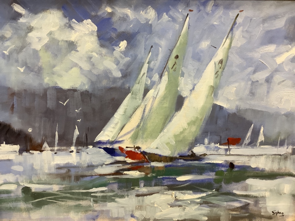 Aubrey Sykes (1910-1995), oil on board, Yachts racing Firth of Forth, signed with label verso, 50 x 71cm